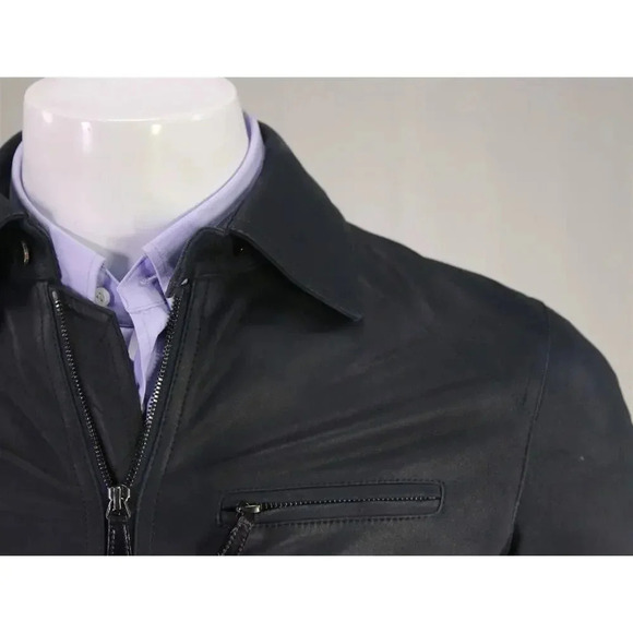 Paul Stuart Navy Blue Goat Leather Motorcycle Bomber Bike Jacket US XS - Picture 4 of 9